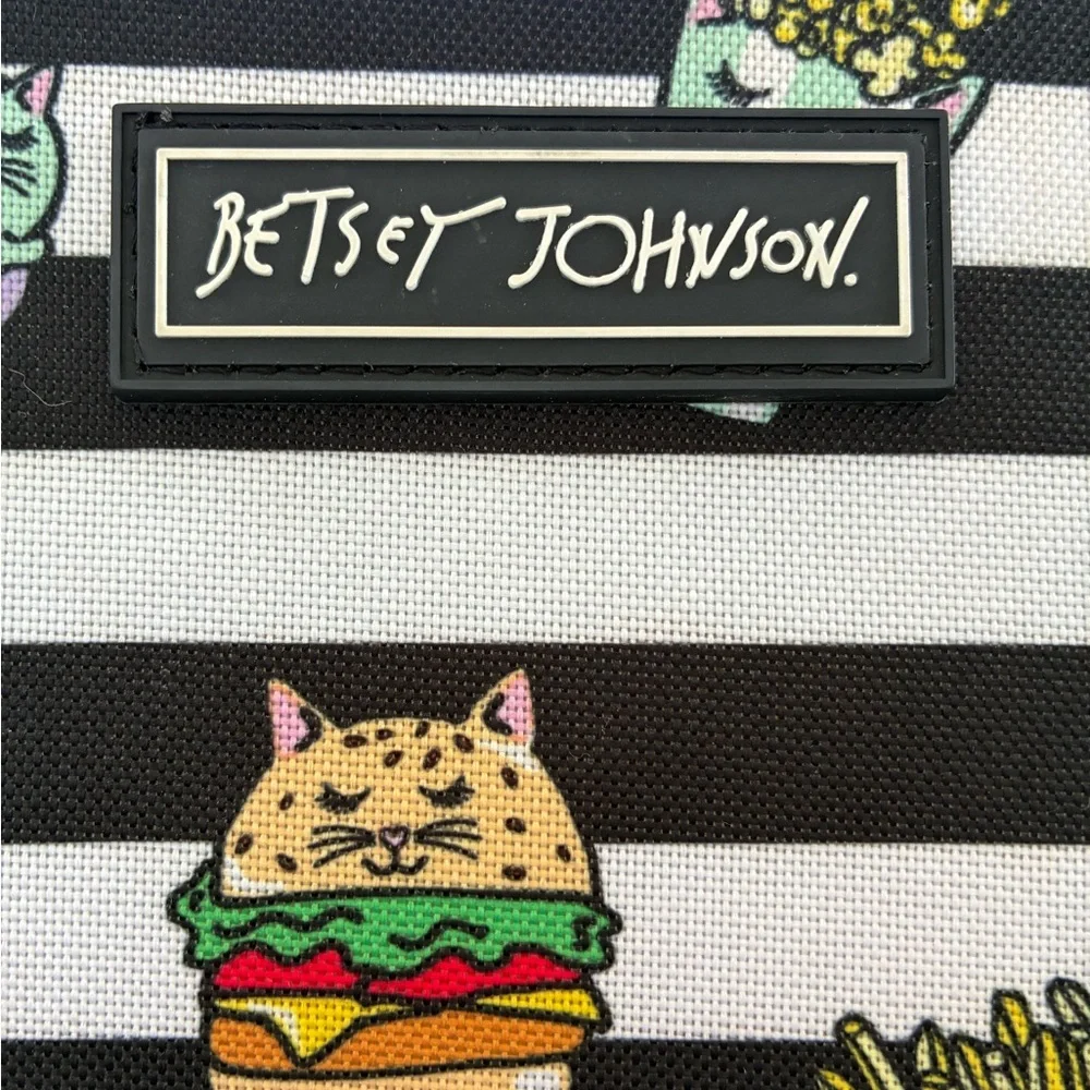 Betsey Johnson Insulated Lunch Bag Cat Print Tote Whimsical Black White Striped